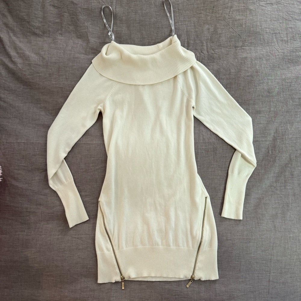 Guess Cream Bodycon Sweater Dress 🤍 Gold Zipper Detail | Size Small